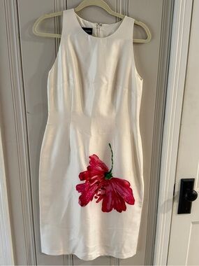 Donna Morgan White Silk Midi Dress with Red/Pink Floral Accent